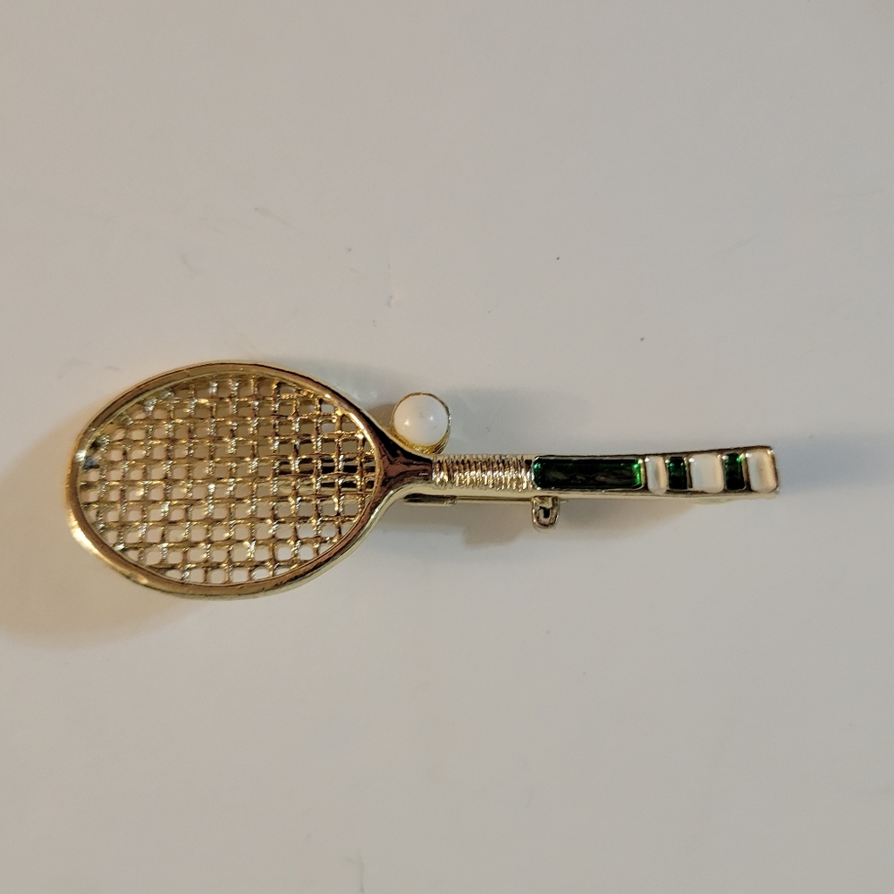 Vintage Gerrys Tennis Racket Enameled Brooch Pendant Combo